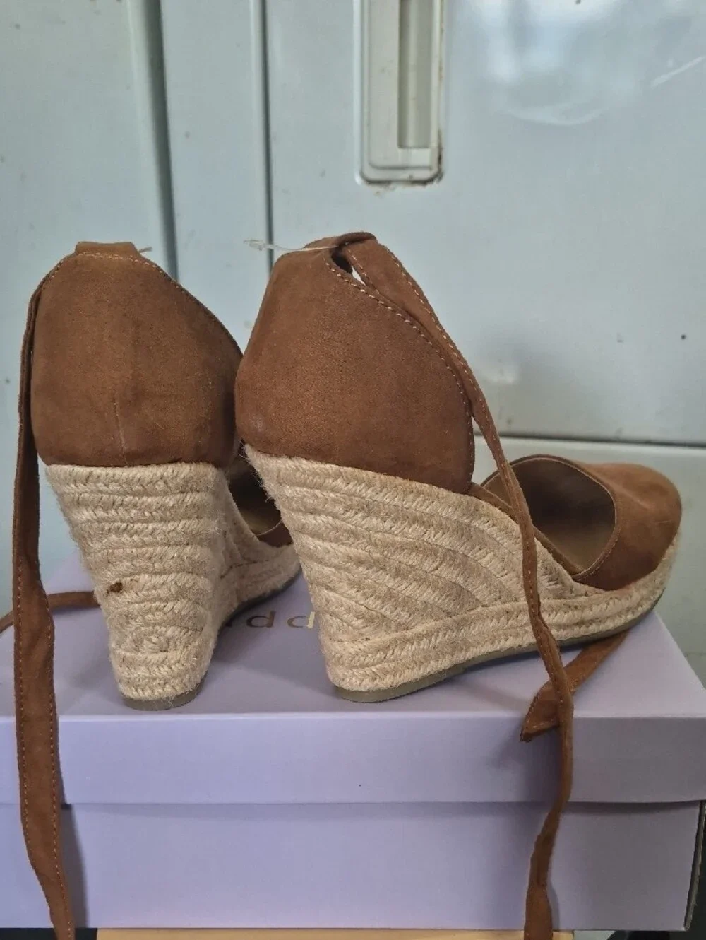 Brash Tan Suede Espadrille Wedge Sandals with Ankle Wrap